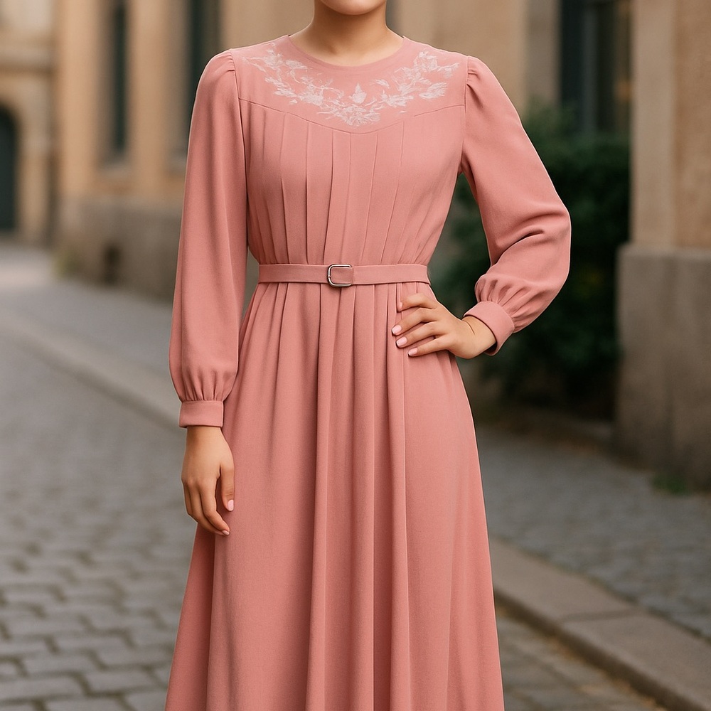 Vintage 80’s Rose Blush Long Sleeve Dress With Belt